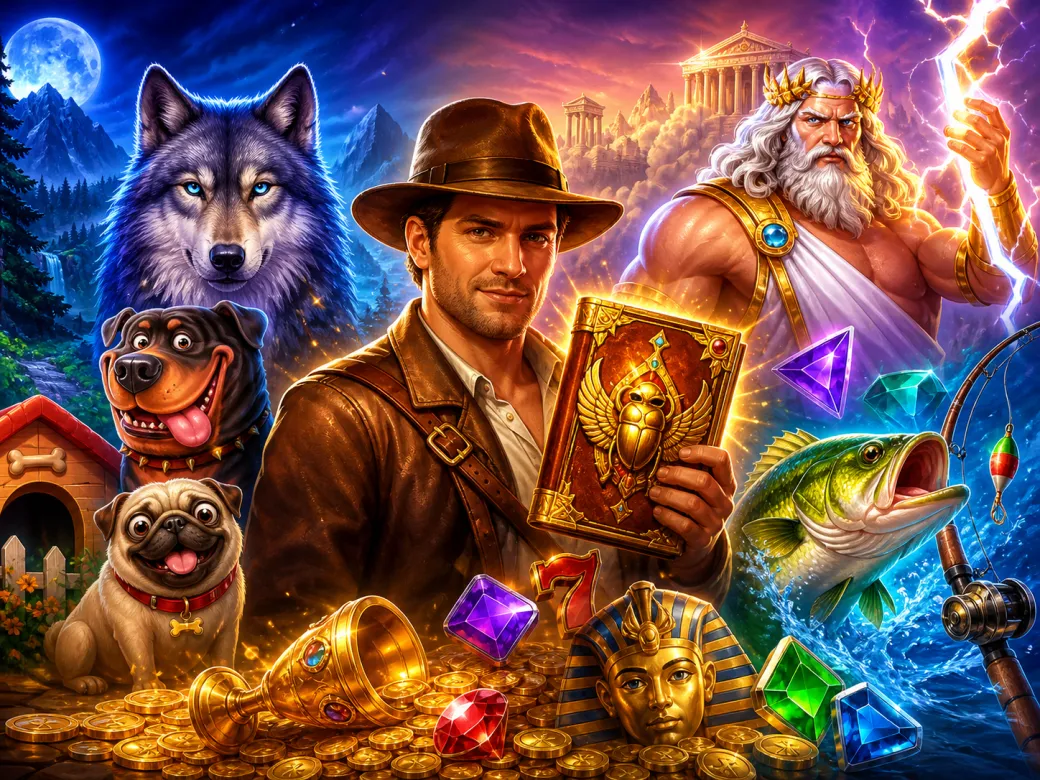 high-quality promotional artwork featuring fantasy slot game characters and environments in a vibrant setting