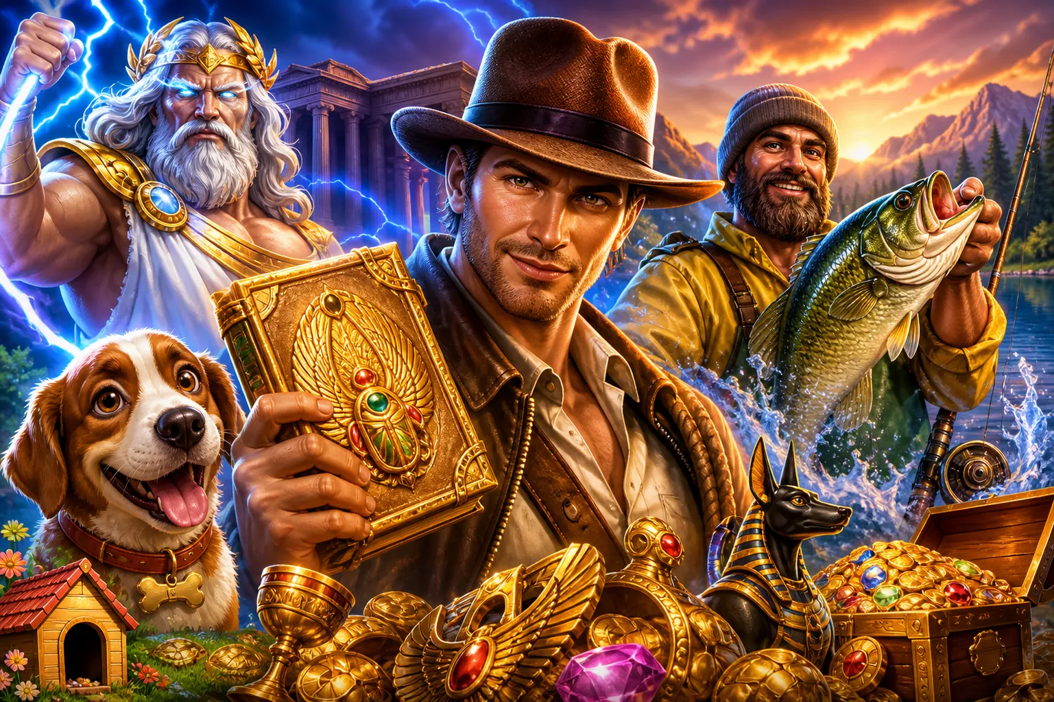 Cinematic slot game artwork featuring vibrant characters and mythical creatures from a fantasy world, designed for Bison Casi